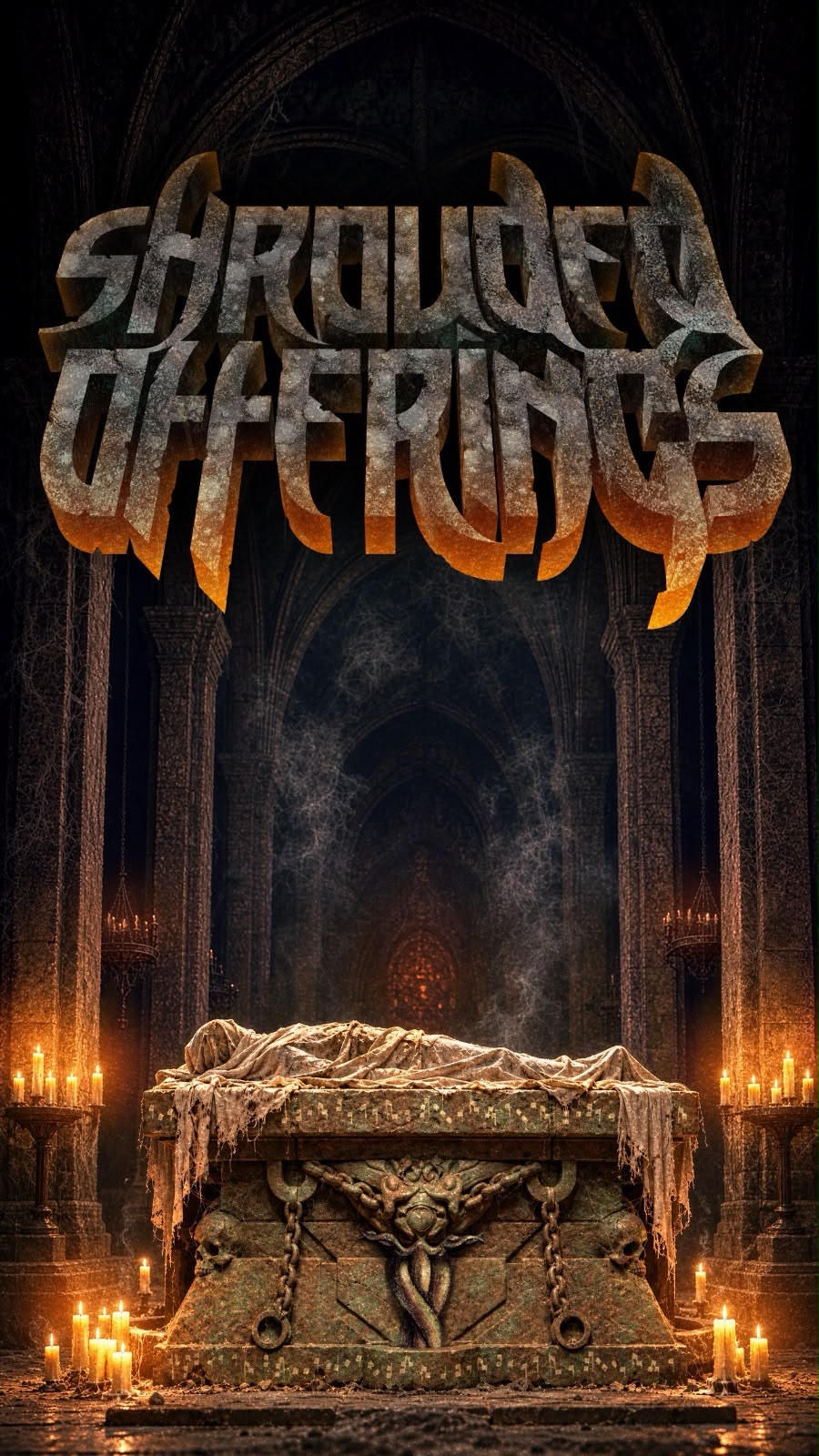 A candlelit cathedral crypt with the Shrouded Offerings title above an ancient stone bier